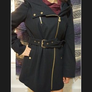 Michael Kors wool + hooded coat with gold details